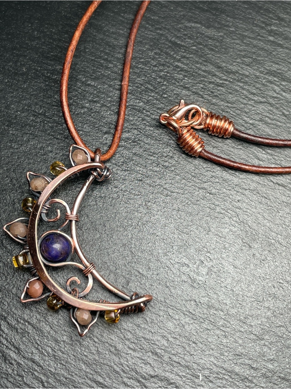 Moon in the Wild Handmade Crescent Necklace — Copper with Lapis And Sunstones - Picture 5 of 13